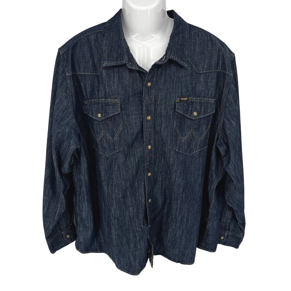 Wrangler‎ Denim Western Shirt Mens XXL Indigo Blue Pearl Snap Rockabilly Cowboy
